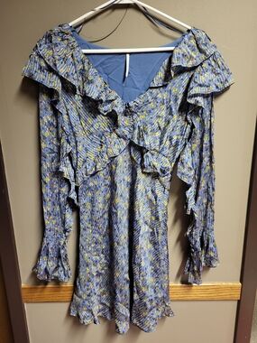 Free People Blue Floral Ruffle Mini Dress